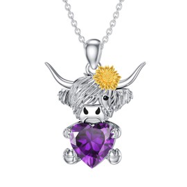 LONAGO Highland Cow Pendant Necklace with Heart Birthstone Cow Necklace Jewelry Gift for Women (February-Amethyst)