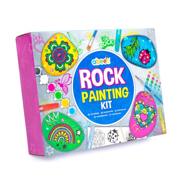 abeec Rock Painting Assortment – Rock Painting Kits for Kids 5+ - Kids Arts and Crafts Stone Painting Kit Including: 4 x Rocks, 6 x Assorted Paints, Paintbrush etc