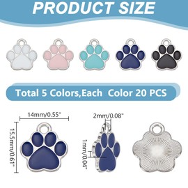 HOBBIESAY 5 Colors 100Pcs Dog Paw Print Charms Paw Alloy Enamel Pendants Colorful Animal Footprint Dangle Charms for Bracelet Necklace Earring Keychain Jewellery Making,Hole:2mm
