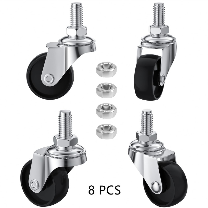 8 PCS Swivel Stem Casters,M8 Black 30mm(1.25 inch) Castor Wheels