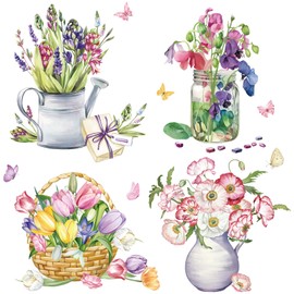 FUFUQUARE Watercolor Floral Potted Wall Decals Spring Butterfly Flowers Removable Wall Stickers for Living Room Bedroom Office Murals Home Decoration