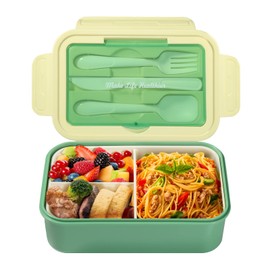 Diboniur Brotdose, Lunchbox mit Fächern Besteck Kinder Erwachsene 1400ML Bento Box Arbeit Mikrowellengeeignet Schule Büro (Grün)