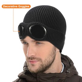 TAGVO Winter Warm Knitted Beanie Hat, Windproof Thermal Soft Fleece Lining Skiing Hiking Running Beanie with Detachable Goggles, Slouchy Thick Skull Cap for Men Women Adults Outdoor Sport Black
