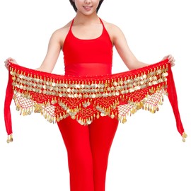 Baisdan Women's Sweet Belly Dance Hip Scarf, Belly Dance Skirt Wrap Gold Coins Belly Dance Costume Red