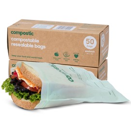 Compostic Compostic Home Compostable Resealable Sandwich Bags (7"x7"), Microwave & Freezer Safe, Organic Food Storage Container, 100 Count (50 per box)