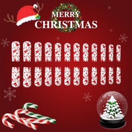 RIICFDD Christmas Press on Nails Long Fake Nails Coffin False Nails Candy Cane Stick on Nails Christmas Socks Glue on Nails Full Cover Star Acrylic Nails for Women Artificial Nails 24 Pcs