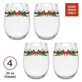 BANBERRY DESIGNS Christmas Wine Glasses - Set of 4 Stemless with Holly, Berries & Red Bows Design - 20 oz. Capacity