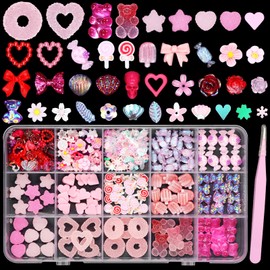 3D Pink Color Gummy Nail Charms, Assorted Acrylic Gummy Bear Heart Star Nail Art Charms, Lollipop Donuts Candy Nail Charms, Cute Nail Jewelry Charms for Nails Art Supplies DIY Design
