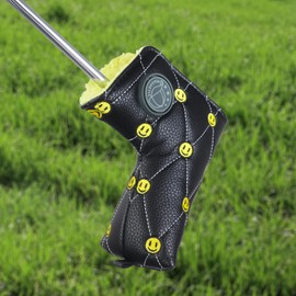 Golf Blade Putter Club Head Cover Pingtype Magnetic Black PU Leather Yellow Smile Embroidery