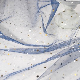 URROMA Navy Blue Glitter Fabric, Star Moon Pattern Polyester Mesh Tulle Fabric Sequin Ribbon Netting Fabric for Dress Sewing DIY Crafts Party Decor,10 * 1.64 Yards