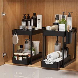 2 Pack Under Sink Organizer with Sliding Basket - 2 Tier Metal Cabinet Storage Shelf for Bathroom, Kitchen Sink - Adjustable Shelves, Space Saver,Black