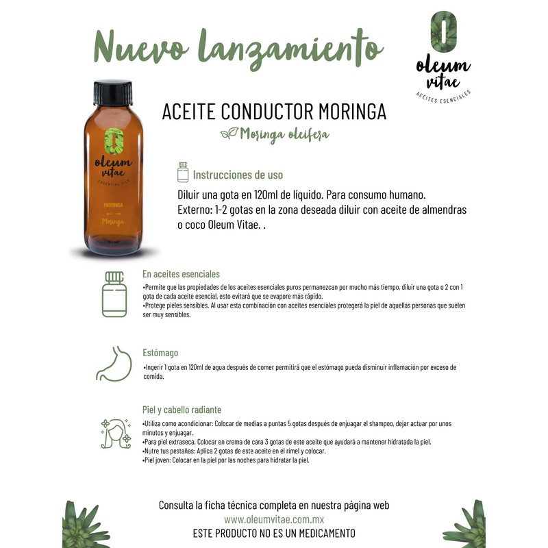 OLEUM VITAE Aceite Esencial de Moringa. Moringa Oleifera. 100% Puro