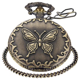 Realpoo Bronze Solid Face Butterfly Design Quartz Men's Pocket Watch, Arabic Numeral Dial with Chain Pocket Watch for Men
