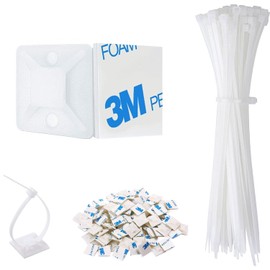 Strong Back-Glue Self Adhesive Cable Zip Tie Mounts Kit - 50 Set Cable Management Clips with 6" Zip Ties, Wire Holders - Outdoor Sticky Wire Organizer Clips-Black (50 Set, White)