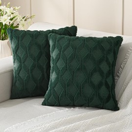 Volcanics Pack of 2 Faux Wool Throw Pillow Covers 18x18 Inches Decorative Farmhouse Velvet Couch Pillow Case Soft Plush Square Boho Cushion Pillowcase, Dark Green