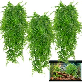 RAINFLOW 3PCS Reptile Plants for Terrarium - Fake Hanging Terrarium Plants, Artificial Boston Fern for Bearded Dragon Snake Geckos Hermit Crab Lizard Chameleon Turtle Reptile Decor(L30 xW5.1)