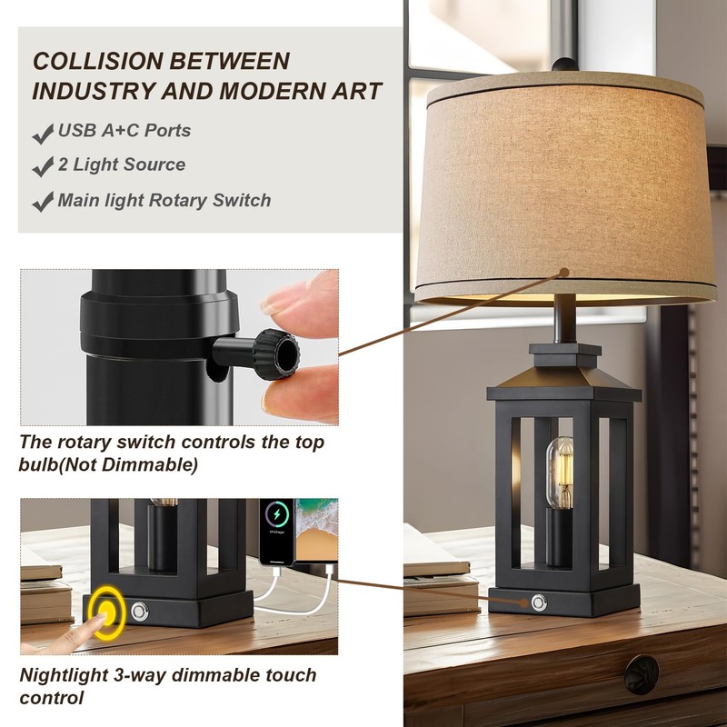 G-SAFAVA 23.75" Retro Farmhouse Black Table Lamp for Living Room