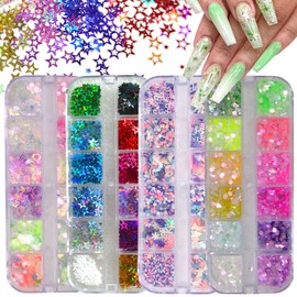 LoveOurHome 4 Boxes Iirdescent Aurora Nail Glitter Powder Hographic Star Heart Flower Nails Flakes Confetti Sequins Manicure Accessories for Resin Crafts Makeup Nails