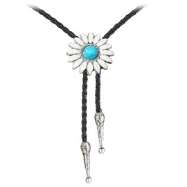 AZORA Daisy Bolo Tie Western Style Gifts for Her Cabochon Leather Cowboy Flower Necktie Womens Victorian Tattoo Flower Bola Necklace