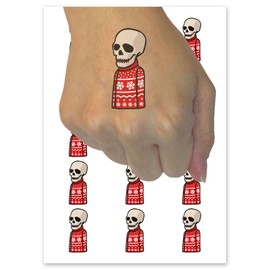 Skeleton Skull in Christmas Sweater Temporary Tattoo Water Resistant Fake Body Art Set Collection - 54 1" Tattoos (1 Sheet)