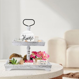 QLoztyse Wooden 2 Tiered Tray Stand - White Rustic Fruits Food Serving Trays with Handles, Rectangle Farmhouse Tiered Tray Decor for Kitchen, Home, Party, Daily