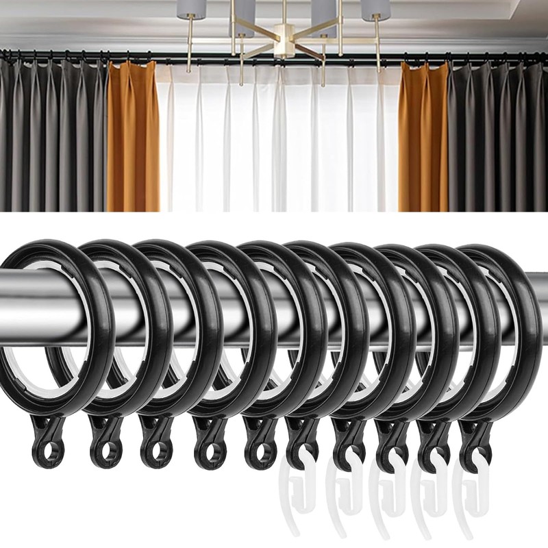 40 Pack Curtain Rings and Hooks, Black 36mm Hanging Rings