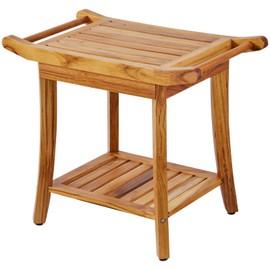 Happybuy Teak Shower Bench, 22 x 14.4 x 18.5 in, Waterproof Wood Stool with Storage Shelf & Handle, Non-Slip Feet, 300 lbs Capacity, for Bathroom & Outdoor Use