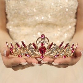 Rannyrena Silver Crystal Tiaras and Crowns for Women Sparkling Rhinestone Queen Crowns Princess Birthday Wedding Bridal Hair Accessories (KC Gold-dark pink, Standard)