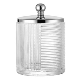Indecor Home Clear Transparent Apothecary Ribbed Geometric Etched Glass Jar W/Silver/Chrome Metal Lid Cover for Bathroom Organization, Cotton Balls, Q Tips, and Small Accessories, Bathroom Storage