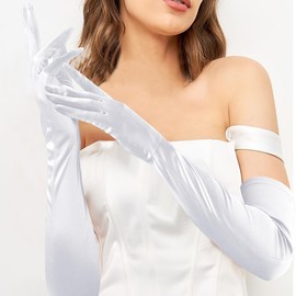 Kzikbxh White Gloves Costume,Long Opera Gloves,Satin Elbow Length Glove for Bridgerton Regency Princess Old Hollywood Dress for Women,Formal Silk Glove for Wedding Tea Party Halloween Cosplay Parties