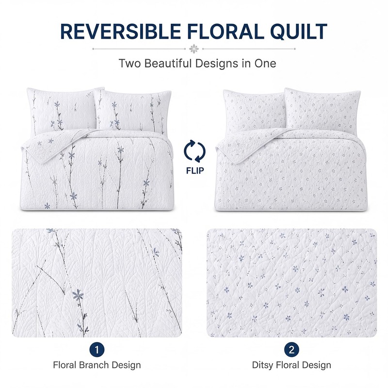 BOV Floral Quilt Set Queen Size 92x96, 100% Cotton Lightweight