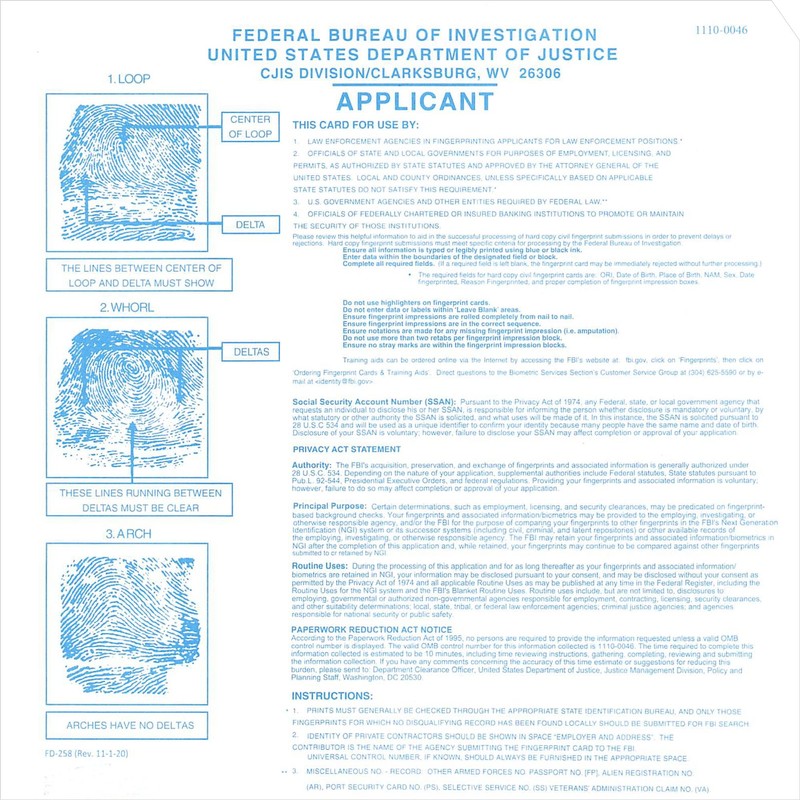 Crime Scene Fingerprint Cards, Applicant FD-258, 1000 Piece