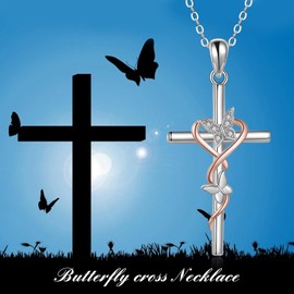 TIGER RIDER 925 Sterling Silver Cross Necklace for Women Butterfly Cross Pendant Christian Jewelry Gifts for Mom Wife (14-Butterfly Cross Necklace2)