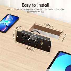 3-Way Installation Power Strip with 2 USB A and 2 USB C, Built-in Socket, Multiple Socket with Individual Switch, Furniture Socket with Surge Protection for Home and Office Table Top, Black