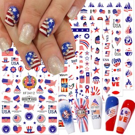 8 Sheets 4th of July Nail Art Stickers 3D Self-Adhesive Independence Day Nail Patriotic American Flag Star Firework Design Nail Art Supplies Pegatinas Uñas Holiday Nail Stickers for Acrylic Manicure