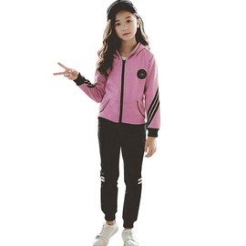 YFPICO Girls' Tracksuit, Sports Suit with Zip, Jogging Suit, 3 Pieces, Plain Leisure Suit, Hooded Sweatshirt - Rose Red (2 pieces), size: 134-140