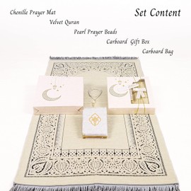 IEF Muslim Prayer Rug Islamic Prayer Mat Quran Prayer Beads Gift Set, Ramadan Eid Gifts, Birthday Gifts for Women, Anniversary Gifts, Mothers Day Gifts, Velvet Prayer Rug Arabic Quran Pearl Tasbeeh