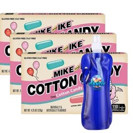 Mike and Ike Cotton Candy Flavored Chewy Candy – Soft, Sweet & Fruity Gluten-Free Snack - 4.25oz Theater Box – Pack of 3 with Collapsible Water Bottle (Cotton Candy) Bottle