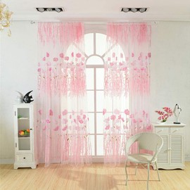 Voile Curtain, Polyester Floral Pattern Window Curtain Window Tulle Voile Curtain Bedroom Living Room Decor Window Curtain Panels for Bedroom Window 100 * 200cm