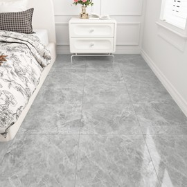 WESTICK 20 PCS Gloosy Cement Gray Marble Peel and Stick Floor Tile for Bedroom Modern Grey Vinyl Flooring Peel and Stick Waterproof Self Adhesive Vinyl Floor Tiles for Kitchen Living Room 12 x 12 in