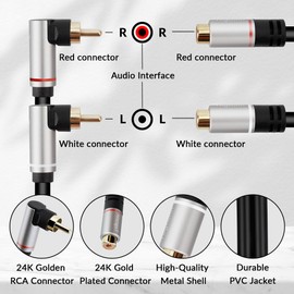Togconn RCA Extension Cable, 2RCA Male to 2 RCA Female Stereo Audio Cable Adapter 24K Gold-Plated Plug Dual RCA Extender（1 Feet）