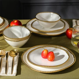 Christian Siriano Akoya Porcelain Dinnerware Set, 12-Piece - Dish Set for 4, Plates and Bowls Set, White and Gold