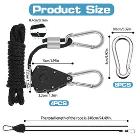 TAIHOBO Retractable Ratchet Straps with 8 Carabiner, 4PCS 2.4m Guy Ropes with A Load-bearing Capacity of 68kg, 1/8in Retractable Ratchet Strap, Adjustable Ratchet Ropes Hanger