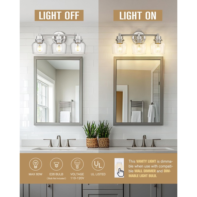 Emak Bathroom Light Fixtures Over Mirror, Brushed Nickel Vanity Light