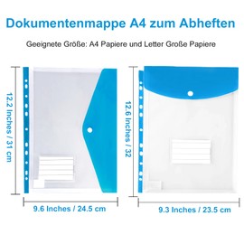 Document Wallet A4 Filing, Pack of 12 Expandable Folders Folder System, 11 Hole Edge Document Folder A4 with Press Stud and Label Pocket, Waterproof Folder Organiser