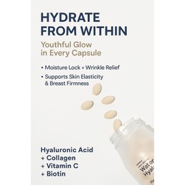 Hanskin Hyaluronic Acid Supplements for Hair, Skin, Wrinkles & Nails | L-Cysteine, Biotin, Vitamin C, Collagen | Nutritional Supplement for Healthy Skin | 60 Capsules