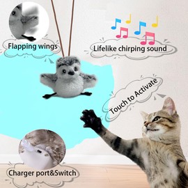 Ataica Flapping Chirping Bird Cat Toy(Non-Flying), USB Charging,Touch Activated Plush Toy,Simulates Bird Wing Flapping and Sounds, for Cats,Dogs & Small Pets (Small, Little-Bird)