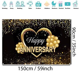 Happy Anniversary Decoration Anniversary Party Banner Happy Anniversary Fabric Sign Poster, Wedding Anniversary Party Background, Black Gold Anniversary Poster, 1.5m