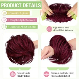 FeidyLong 2PCS Messy Bun Hair Piece Large Wavy Scrunchies Synthetic Chignon Ponytail Hair Extensions Thick Updo Hairpieces for Women 1.76oz each(Wine Red)