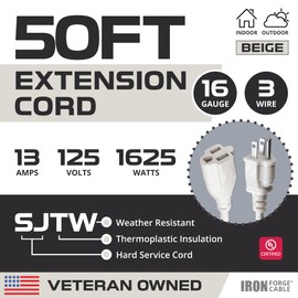 Iron Forge Cable 50 Ft Beige Outdoor Extension Cord - 16/3 SJTW 50ft Extension Cord 3 Prong, 13 Amp All-Weather Heavy Duty Power Cable for Indoor or Outdoor Use - UL Certified
